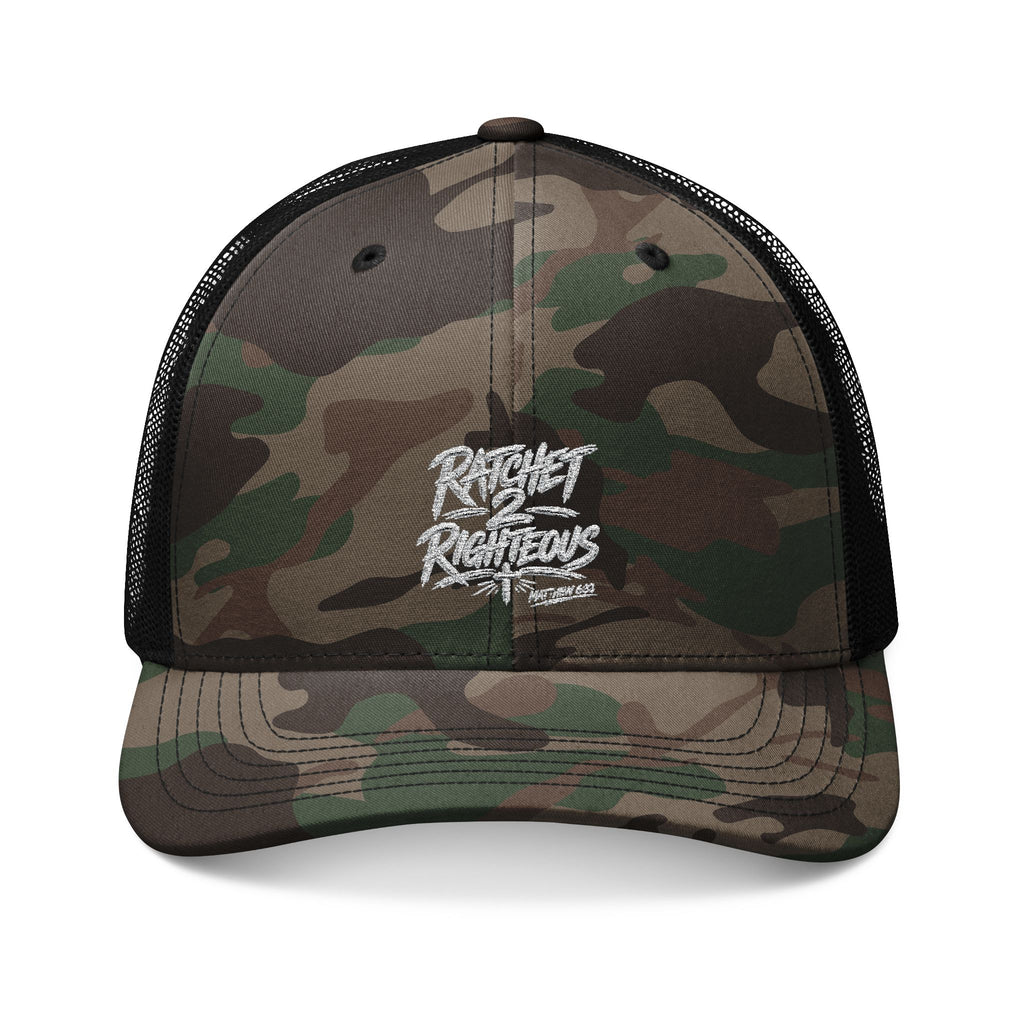 Ratchet 2 Righteous Camo Trucker Hat — Embroidered Adjustable Mesh Cap