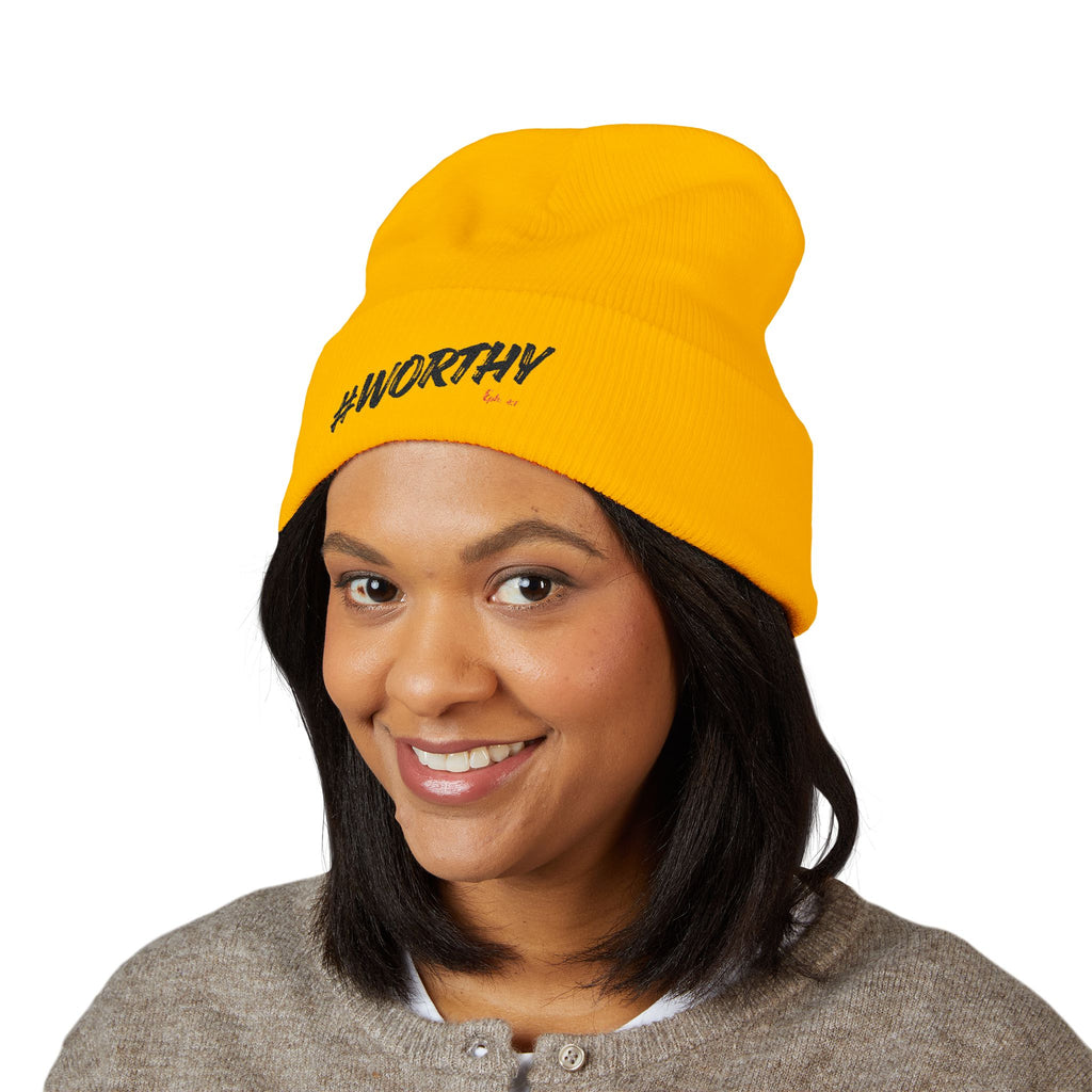 #Worthy Embroidered Cuffed Beanie — Inspirational Winter Hat