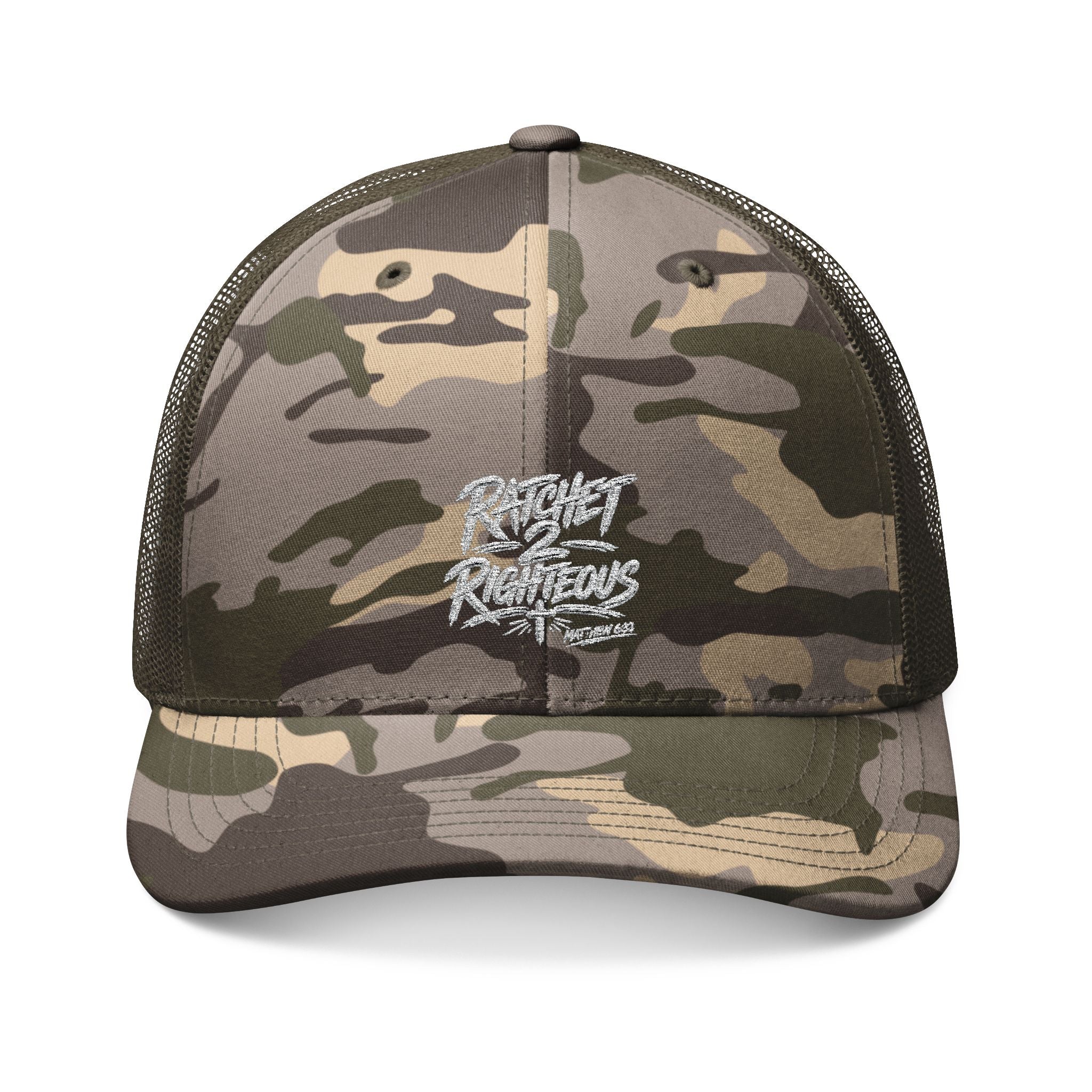 Ratchet 2 Righteous Camo Trucker Hat — Embroidered Adjustable Mesh Cap