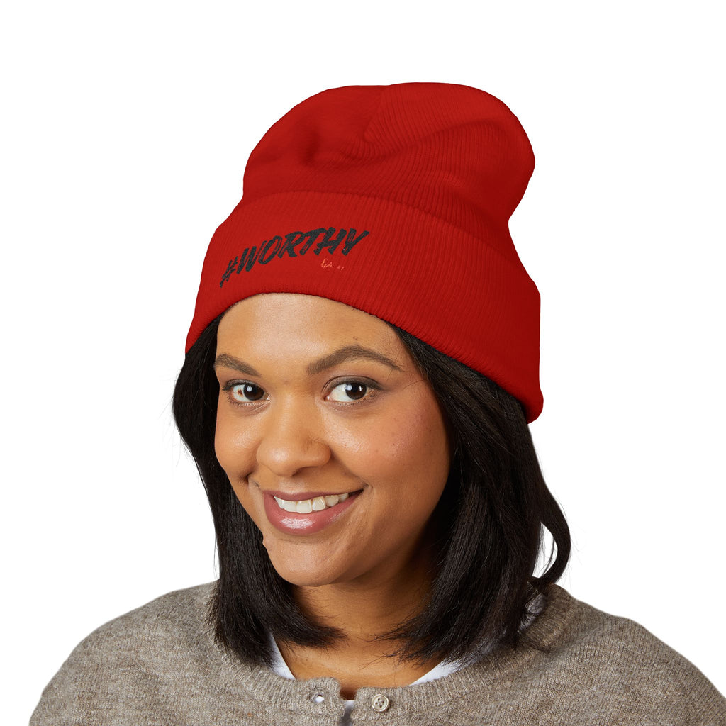 #Worthy Embroidered Cuffed Beanie — Inspirational Winter Hat