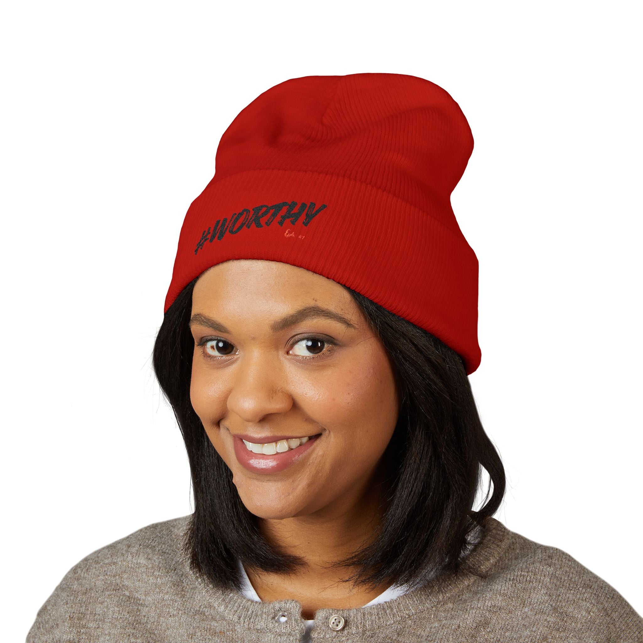 #Worthy Embroidered Cuffed Beanie — Inspirational Winter Hat