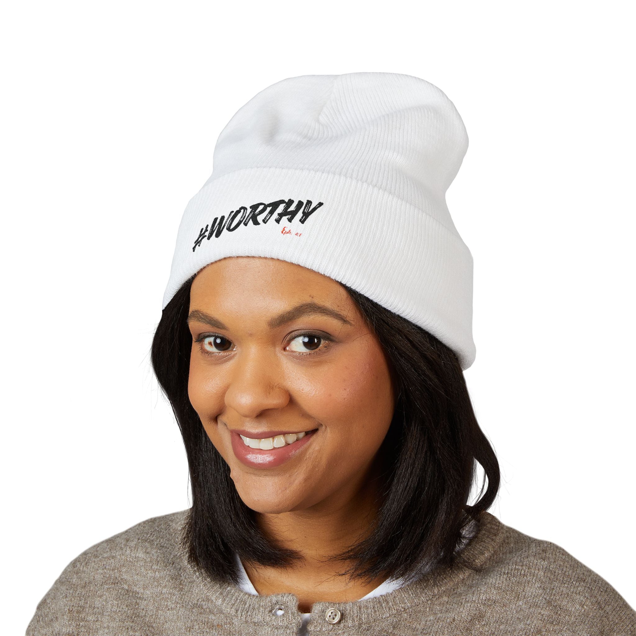 #Worthy Embroidered Cuffed Beanie — Inspirational Winter Hat