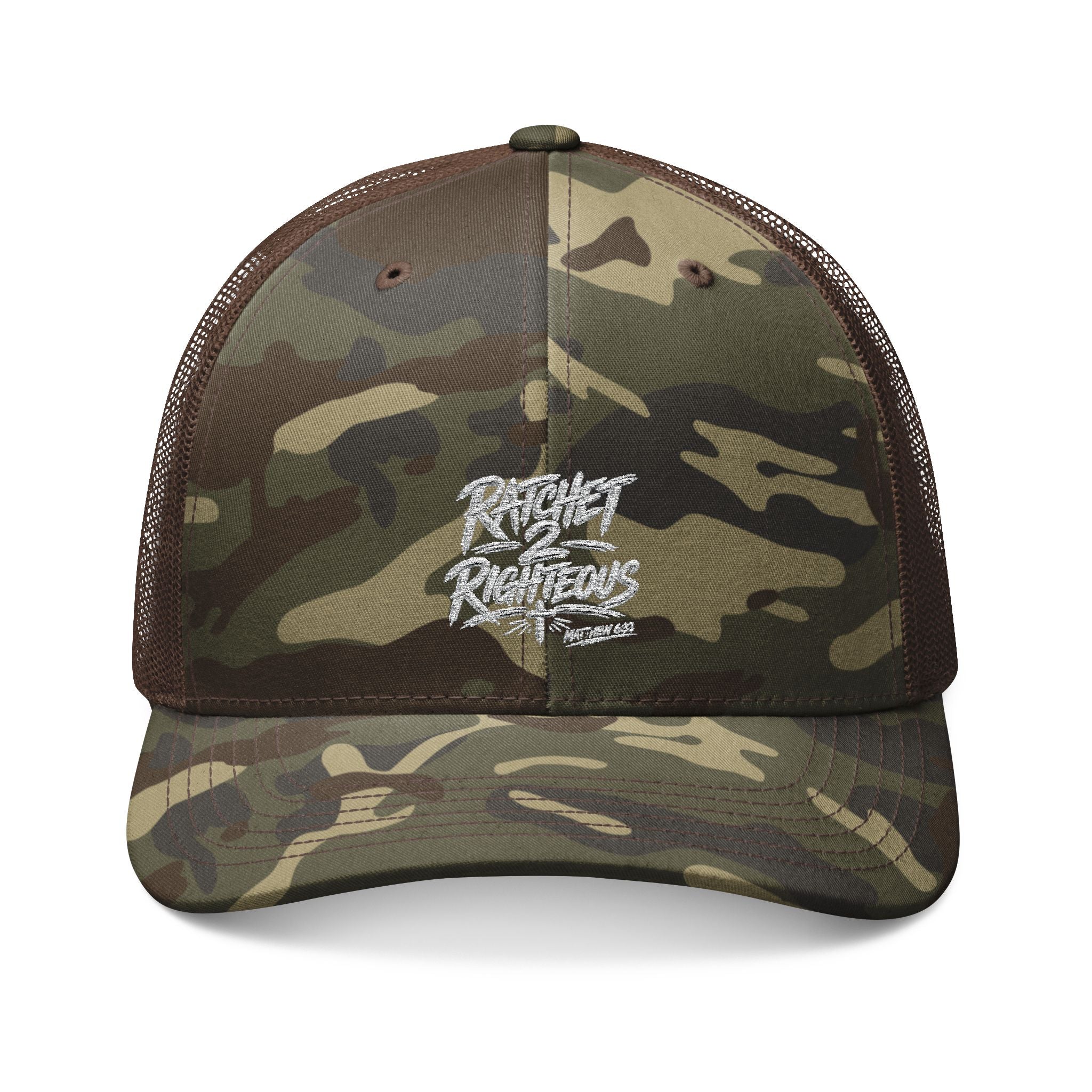 Ratchet 2 Righteous Camo Trucker Hat — Embroidered Adjustable Mesh Cap