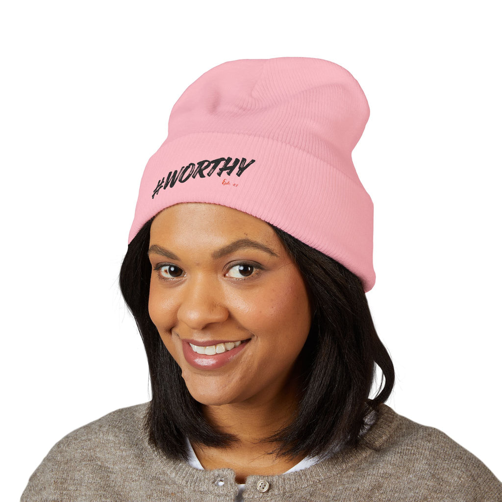 #Worthy Embroidered Cuffed Beanie — Inspirational Winter Hat